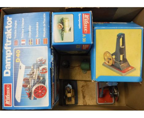 A collection of Wilesco steam models including "Steam Engine with Workshop" (D141), "Traction Engine" (D40), "Water Cart" (A3