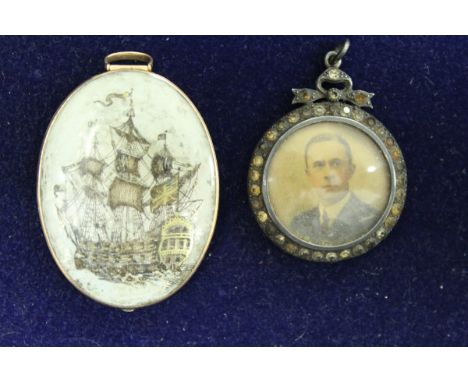 A 19th Century gold mounted oval locket, the front panel painted with a three masted battleship in black and gold together wi