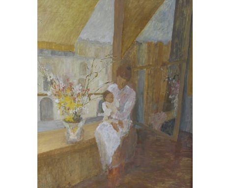 ANN SHRAGER (b. 1948) "Mother and child seated upon a ledge", portrait study, oil on board, unsigned, inscribed on "Royal Aca