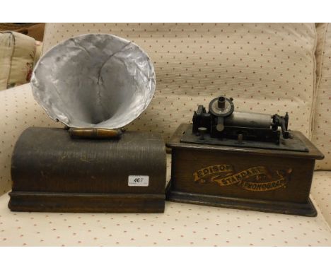 An early 20th Century Edison Standard Phonograph Model B, with aluminium horn (tired), stencilled to front of the oak case "E