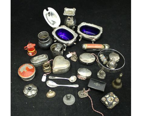 A collection of various small silver items including three piece cruet, silver bangle, Victorian vinaigrette, early 20th Cent