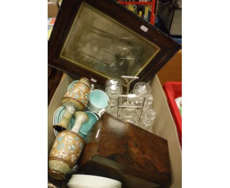 A Poole pottery twin-tone part tea set, plated cruet stand with six glass bottles, plated pickle stand and two jars, a pair o