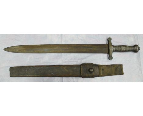 A 19th Century military Gladius sword with breass ribbed grip and hilt in leather scabbard