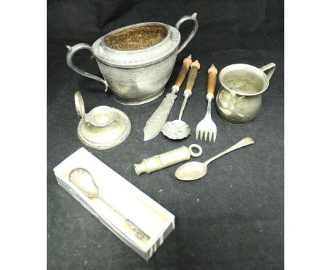 A small silver capstan inkwell, plated christening mug, plated sugar basin and spoon, set of three horn handled knife, fork a