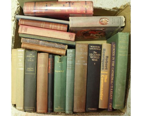 Nine boxes of books to include "The Arrow of Gold" by JOSEPH CONRAD, three volumes of Chaucers Works, kitchen essays with rec