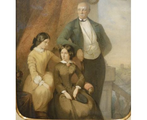 19TH CENTURY ENGLISH SCHOOL "Mother, father and daughter", a family portrait, watercolour heightened with body colour and whi