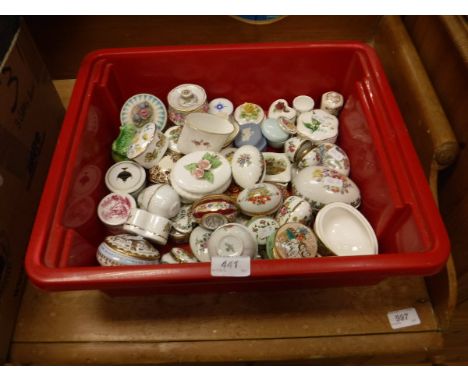 A box containing a large quantity of various china trinket boxes and enamel trinket boxes by Halcyon Days, Royal Albert, Fine