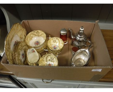 A box of Aynsley floral and gilt decorated tea wares, cranberry glass sugar sifter with plated mounts, modern plated coffee p