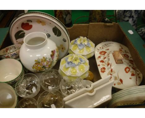 A box of various china and glassware to include Copeland Spode Chinese Rose tea cups and saucers together with four various d