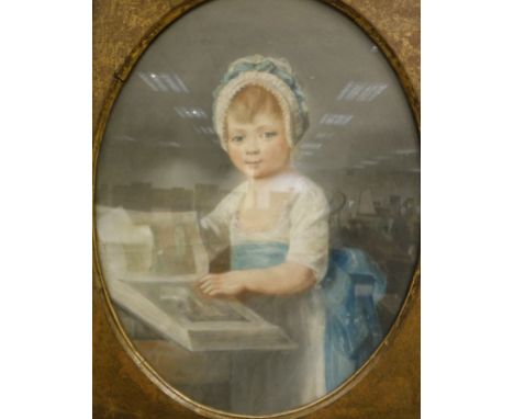 19TH CENTURY ENGLISH SCHOOL "Young girl leafing through a book", a portrait study, half length, pastel, oval, unsigned, 38 cm