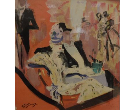 AFTER JEAN GABRIEL DOMERGUE (1889-1962) "Elegants au Cabaret", a couple seated with champagne in a bucket, two saucers on the