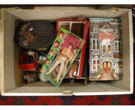 A Victorian painted pine trunk and contents of various dolls' house furniture, miniature dolls, painted metal farm animals, e