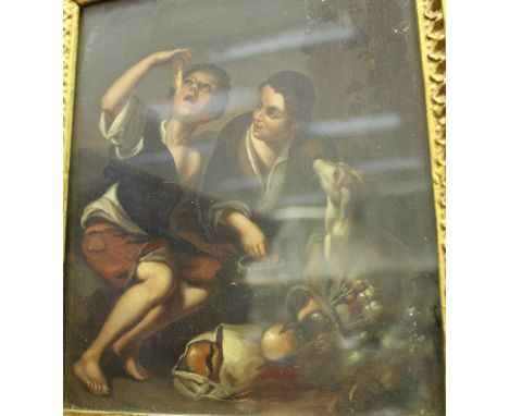 IN THE OLD MASTER MANNER "Young boys eating from a basket with dog looking on" oil on panel , unsigned