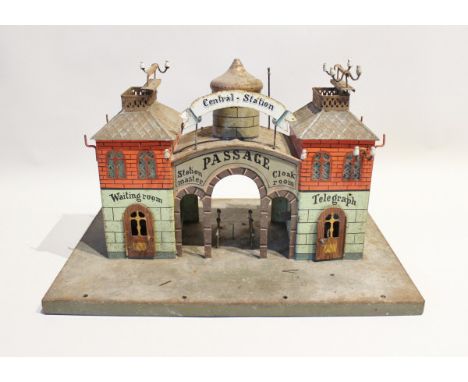 A pre-war Märklin tin plate station "Central Station", inscribed "Waiting Room, Station Master, Passage, Cloakroom, Telegraph