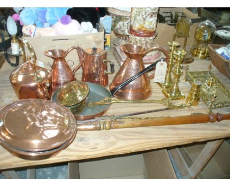 A Collection of brass and copper ware, Victorian copper kettle with a brass acorn finial, copper haystack measures, copper wa