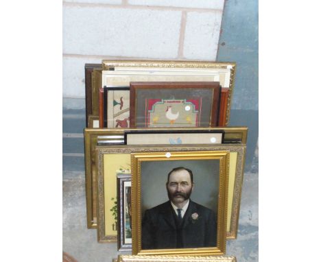 16 Assorted pictures and prints including portrait of a gentleman , head and shoulders, oil on canvas, needlework pictures an