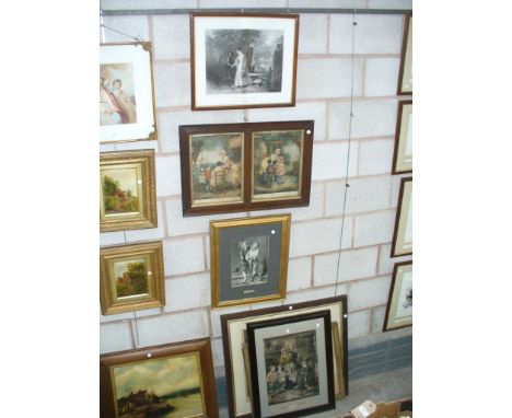 A Black and white print " Gipsey Party" , " cottage door" and " school door " a pair of coloured prints framed as one, " The 