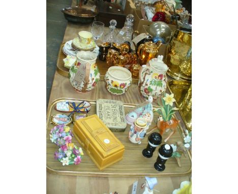 A Royal Doulton bulbous cut glass decanter, a smaller example , a cut glass goblet, two Wade gilt lustre coffee services, Cro