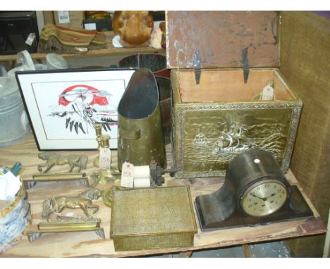 A Pair of brass horse hearth ornaments, coal scuttle, small mangle / press, brass box, nest weights, brass candlesticks, log 