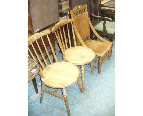A Pair of stick back kitchen chairs and a Victorian beech wood low seat chair. (3)