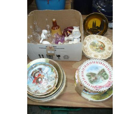 Decorative glass and ceramic bells including Crown Staffordshire, collectors plates , ribbon plates, etc.