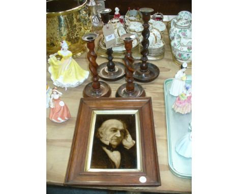 Two pairs of oak barley twist candlesticks and an oak framed  portrait tile of Gladstone.