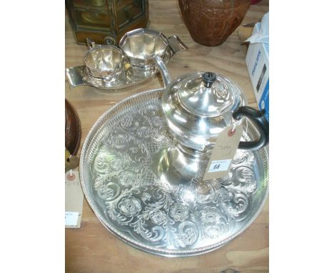 A Silver plated teapot , milk jug and sugar basin set and a galleried tray.