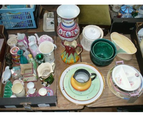 A Qty of decorative ceramics, cabinet cups and saucers, a Mary Gregory style green glass cylindrical vase, commemorative item