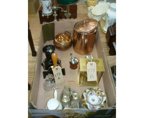 A Box of sundry items including a quartz torsion clock, Spong coffee grinder, Noritake cabinet cup and saucer, plated cruet s