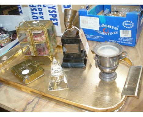 A Gilt metal and glass jewellery casket with two hinged doors and an enclosed shelf, a glass pyramidal ink well, brass case i