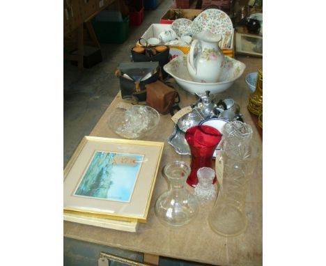 A Qty of Windsor China tea wares, Minton " Haddon Hall" plates, rose pattern toilet jug and bowl, cased Tecnar 10 x 50 binocu