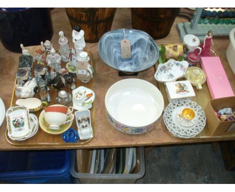 2 Trays of decorative ceramics including a Royal Doulton figurine, Aynsley dish, Aynsley fruit pattern cups and saucers, a Po