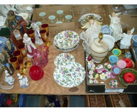 Assorted oriental figures, gilt overlaid ruby glass goblets, Royal Tudor ware rose pattern dessert wares, coloured heavy glas