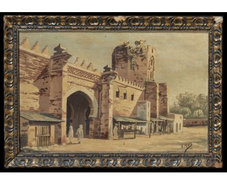 Ruiz is the author of this orientalist scene depicting the Medina Gate in Fez. The oil on panel captures the majesty of the a