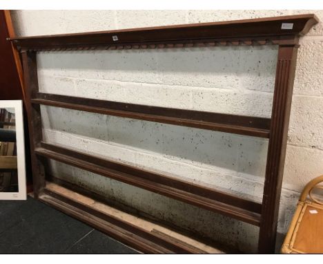 3 SHELF HANGING PLATE RACK, CORNICED TOP &amp; FLUTED SIDES 75'' X 50'' SOME DAMAGE TO WADE PATTERN AT TOP