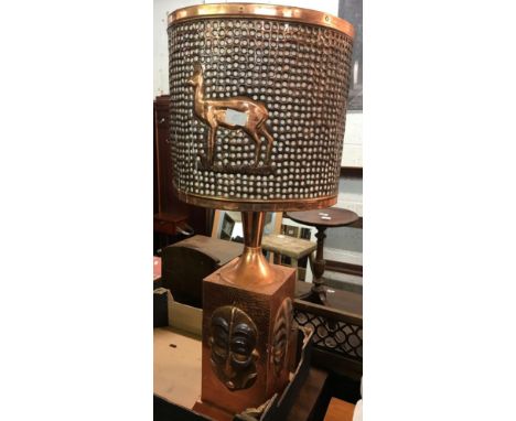 BEATEN COPPER TABLE LAMP &amp; SHADE DEPICTING AN AFRICAN MASK &amp; ANIMALS - NEED REWIRING BY QUALIFIED ELECTRICIAN