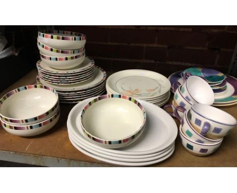 SHELF OF CHINAWARE INCL; PLATES, DISHES &amp; BOWLS &amp; PLATES IN M&amp;S AZTEC PATTERN