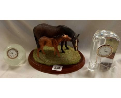 2 GLASS PAPERWEIGHTS INSERTED WITH CLOCK, A BORDER FINE ARTS MODEL OF MARE WITH FOWL