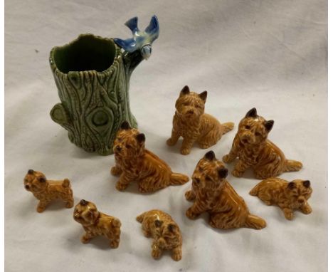 GROUP OF 8 TERRIER'S - 1 WITH WADE LABEL TO BASE - 1 HAS SMALL CHIP WITH A WADE PORCELAIN FIGURE OF TREE TRUNK &amp; BIRD