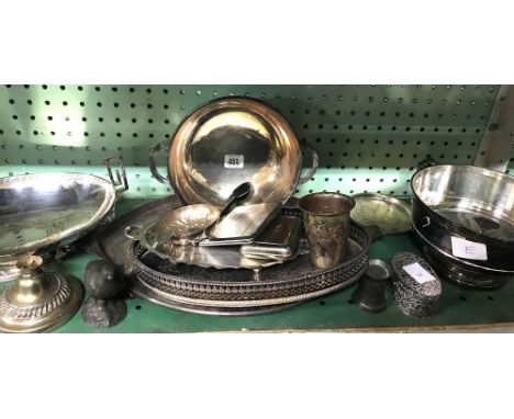 SHELF OF PLATED WARE CONSISTING OF GALLERY TRAYS ETC