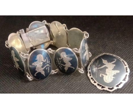 THAI SILVER &amp; ENAMEL BRACELET &amp; MATCHING BROOCH