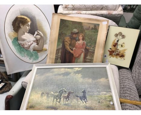 FRAMED PICTURE OF WILD HORSES, 2 PRINTS - 1 CALLED ''FIRST WORDS OF LOVE'' &amp; A BUTTERFLY PLAQUE PICTURE