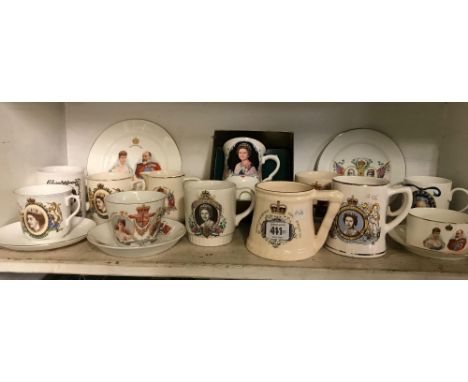 SHELF OF ROYAL COMMEMORATIVE CUPS, SAUCERS &amp; PLATES ETC