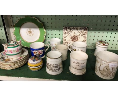 SHELF OF SAUCERS &amp; MUGS, A TILE, PLATE &amp; OTHER ITEMS