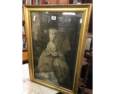 GILT FRAMED PORTRAIT OF A VICTORIAN LADY WITH DOG F/G &amp; F/G WATERCOLOUR OF THATCHED COTTAGE SIGNED &amp; F/G PRINT OF A C