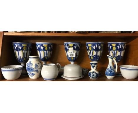 SHELF OF POTTERY POTS, CHINA GOBLETS &amp; DELFT WARE 