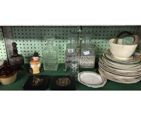 SHELF WITH DECANTER &amp; STOPPER, MATCHING PAIR OF DECANTERS &amp; STOPPERS, CHINA WINDY MILLER, WINDY MILLER POT ETC &amp; 