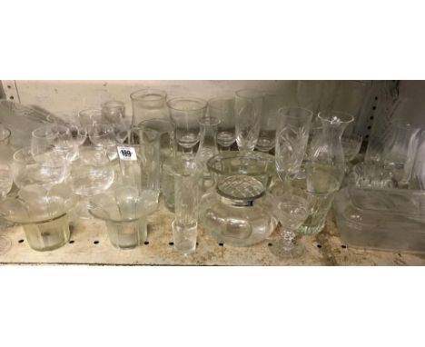 SHELF OF GLASSWARE INCL; VASES, GLASSES, BOWLS ETC