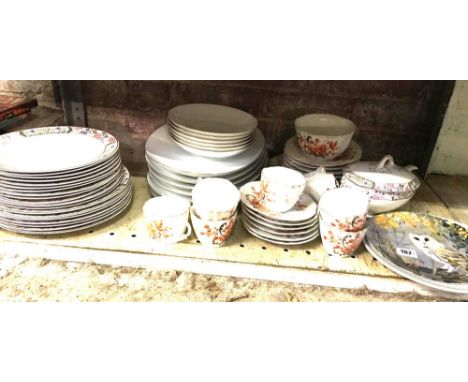 SHELF OF CHINAWARE, PLATES, CUPS, SAUCERS ETC