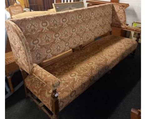 ANTIQUE UPHOLSTERED LONG BENCH IN CARVED MAHOGANY 7ft 7'' 